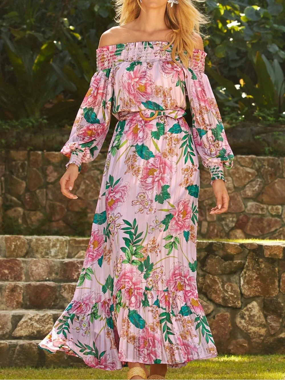 Boston Proper NWT Floral Blooms Pink Floral Off-Shoulder Maxi Dress Size Small - Picture 3 of 11